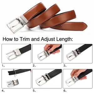 Men's reversible leather belt with rotating silver buckle and length adjustment guide