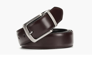 Detailed view of deep brown leather belt with polished silver buckle on white background