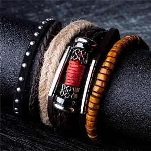 Bohemian multi-layer friendship bracelet set with wooden beads and braided leather