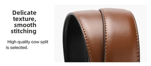 Close-up of brown cow split leather belt showing fine texture and neat stitching