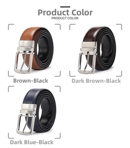 Detailed view of three reversible leather belts with rotating metal buckles in various colors