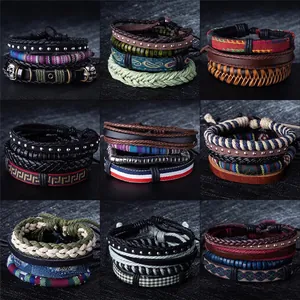 Ethnic multilayer woven leather bracelet set with wooden beads and punk skull charms
