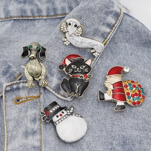 Christmas Brooches Pins Alloy Enamel Rhinestone Santa Claus Snowman Cat Dog Holiday Jewelry Gifts Accessories For Women