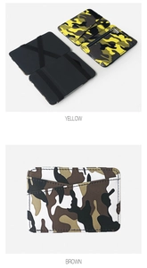 Detailed interior of camo PU leather mini wallet with elastic bands and card slots