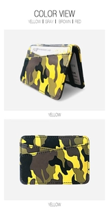 Detail view of yellow camouflage PU leather card holder with multiple card slots