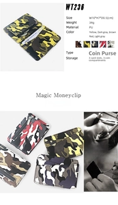 Close-up of camouflage PU leather mini wallet with detailed dimensions and 3 card slots
