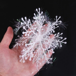 Detail of white 3D plastic Christmas snowflake ornament with shimmering fiber finish
