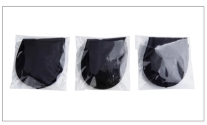 Three individual black polyester sleep masks in clear self-adhesive plastic packaging