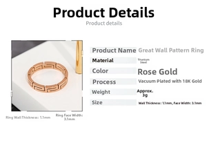 Great Wall pattern ring details with rose gold titanium steel specifications and size info