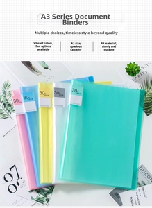 Close-up of A3 matte PP folders in five pastel colors with 30-pocket capacity