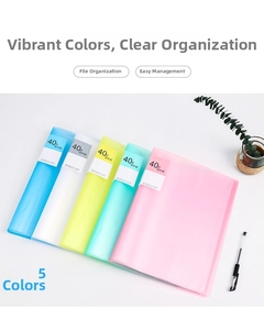 Flat lay of five colorful A4 file folders with 40 transparent pockets for office storage