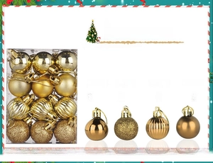 Detailed view of 24 gold Christmas balls in shiny, matte, glitter and pumpkin textures