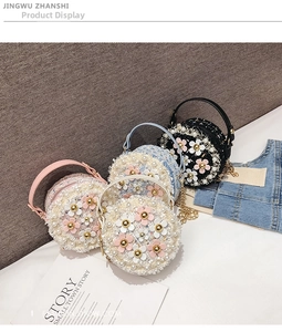 Detail of four color mini round tweed bags with pearl and flower accents for kids