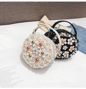 Detail view of tweed mini bags featuring 3D flowers and white pearl embellishments