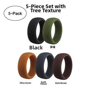5-pack silicone rings for men with bark texture in black, green, grey and earth tones