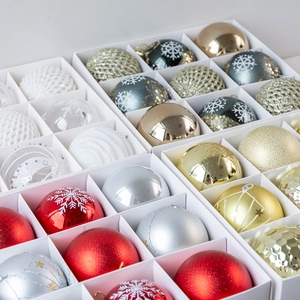 8cm painted Christmas ball set with assorted textures and colors in a grid box