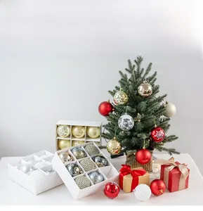 Detailed view of mixed texture 8cm Christmas ball ornaments in a white grid gift box
