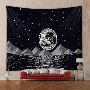 Bohemian black and white moon phase tapestry with stars and mountain scenery for home decor