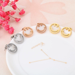 Titanium steel smiley face stud earrings set in silver, rose gold and golden finishes