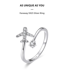 Detailed macro view of S925 sterling silver airplane ring with sparkling zircon stones