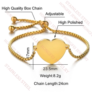 Adjustable gold heart pendant bracelet with polished box chain and dimensions shown