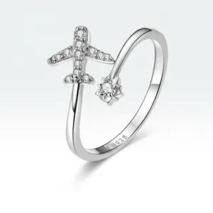 Minimalist S925 sterling silver open ring with airplane and zircon star design