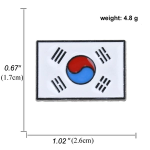 Detailed view of South Korean flag metal enamel pin with dimensions and weight info