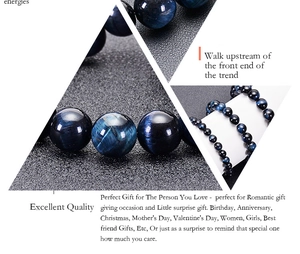 Detailed view of natural blue tiger eye stone beads showing unique texture and cat eye effect