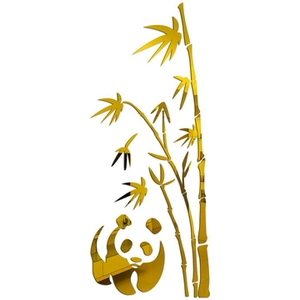 Close-up of golden 3D mirror wall sticker featuring a panda and bamboo design