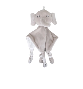 Detail of grey plush elephant security blanket with soft texture and hanging clip