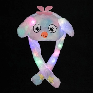 Luminous plush cartoon animal hat with moving ears and colorful LED lights for kids