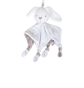 Detail of soft plush rabbit security blanket with knotted legs and hanging loop