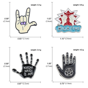 Punk rock enamel hand brooches collection with palm gestures and symbolic motifs