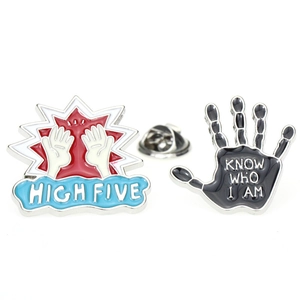 Punk style high five and know who I am enamel hand brooch pins in black and red set