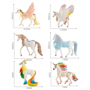 Set of 6 realistic plastic unicorn and pegasus figures in various colors and sizes