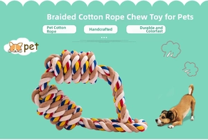 Dettaglio del giocattolo per cani in corda di cotone multicolore con nodi intrecciati