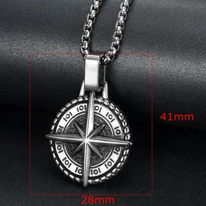 Vintage stainless steel nautical compass pendant necklace for men with box chain