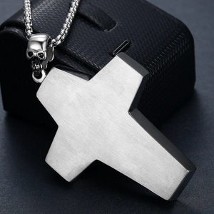 Silver skull cross pendant necklace in 316 stainless steel with punk gothic design