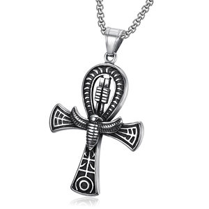 Collier pendentif Croix d'Ankh égyptienne vintage avec finition argentée vieillie et aigle