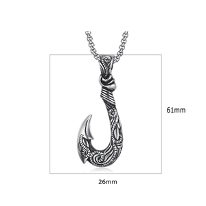 Polished silver stainless steel fish hook pendant necklace with 61mm by 26mm size