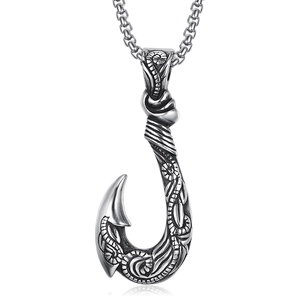 Men's vintage stainless steel fish hook pendant necklace with engraved details