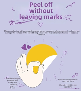 Detail showing easy-to-peel adhesive sticker with residue-free removal on purple background
