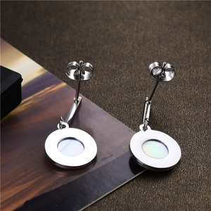 Fashionable round shell drop earrings in silver stainless steel for women