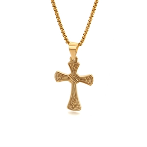 Polished gold stainless steel cross pendant necklace with engraved patterns on box chain