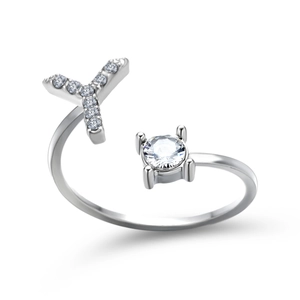 Macro view of silver adjustable ring featuring letter Y with sparkling diamond accents