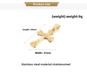 Detailed view of a 50mm gold stainless steel cross pendant with vintage relief patterns