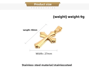 Detail showing 40x27mm gold stainless steel cross pendant dimensions and 9g weight info