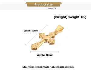Detail showing dimensions of golden stainless steel cross pendant with heart and floral motifs