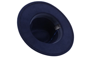 Detail view of the navy blue fedora interior with care label and moisture-wicking sweatband