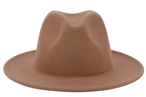 Detail of the brown wool fedora hat showing thick felt texture and precise brim stitching
